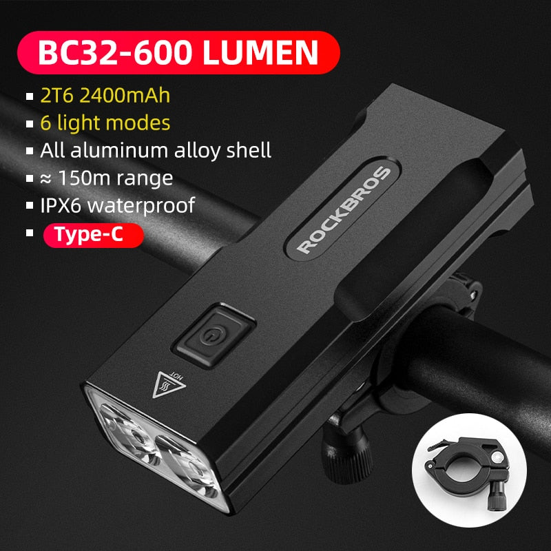 ROCKBROS Bike Light Rainproof USB Rechargeable LED 2000mAh MTB Front Lamp Headlight Aluminum Ultralight Flashlight Bicycle Light