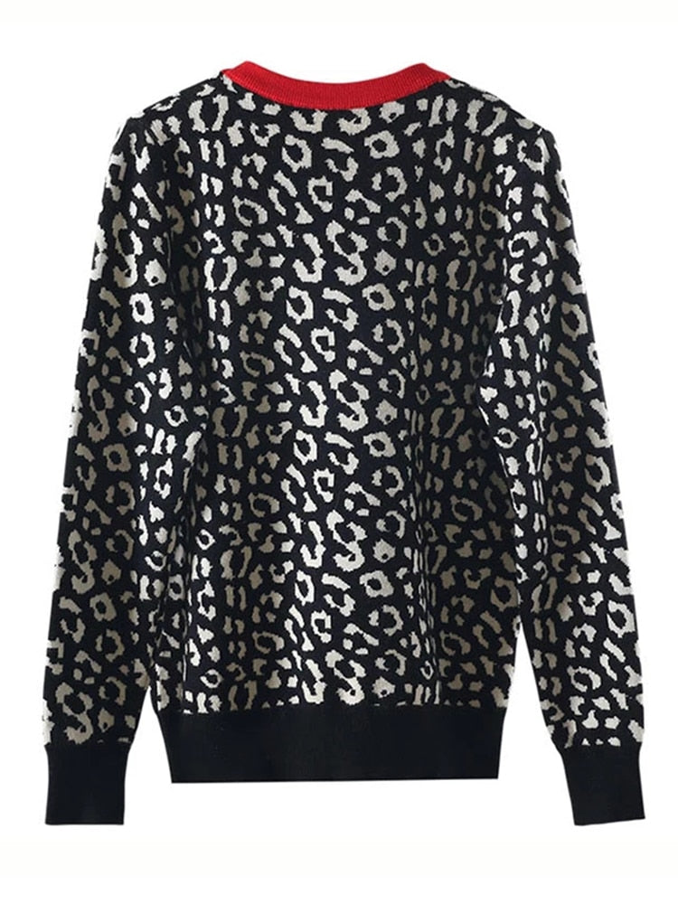 Suéteres de Otoño Invierno para Mujer, jerséis de punto de leopardo, jerséis de cuello redondo de Color de contraste de manga larga, jerséis de Mujer C- 026