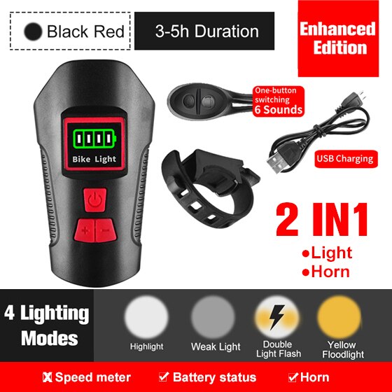Bicycle Light USB Rechargeable Bike Odometer Front Light Flashlight with Computer LCD Speedometer Cycling Head Lantern Horn