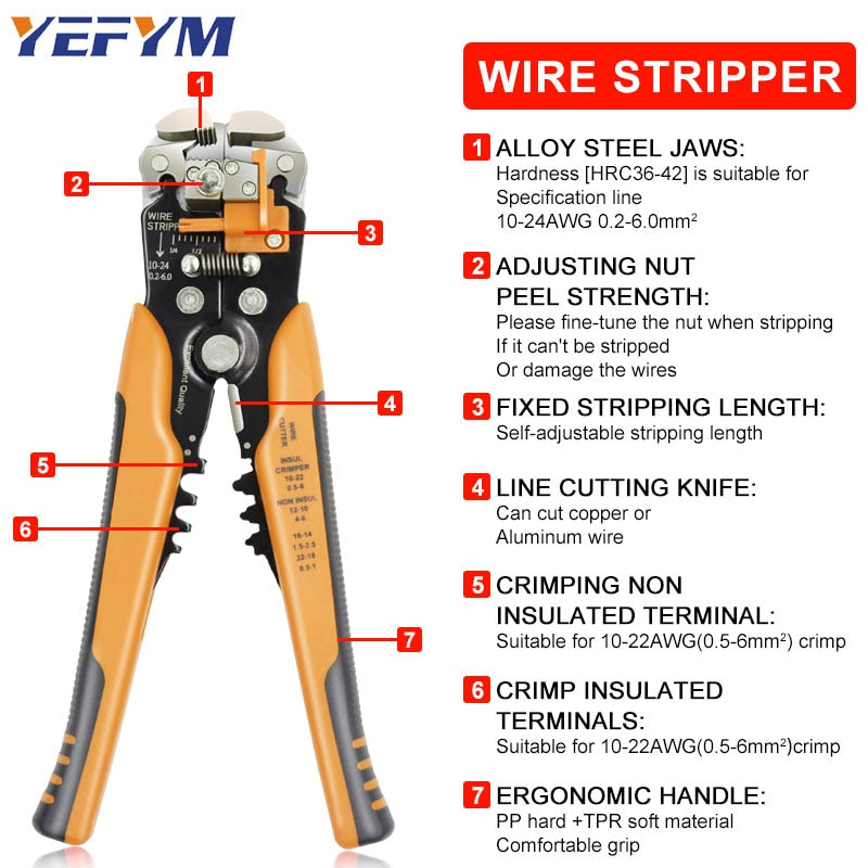 Wire stripper pliers 0.25-6mm²/10-24AWG YE-1 cable cutter practical electric automatic Multifunctional Repair crimping Tools