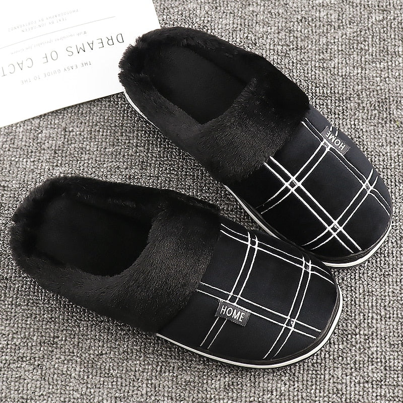 Large size 50/51 Home slippers men Gingham cotton slippers indoor winter warm plush non-slip thick-soled Soft Slippers male