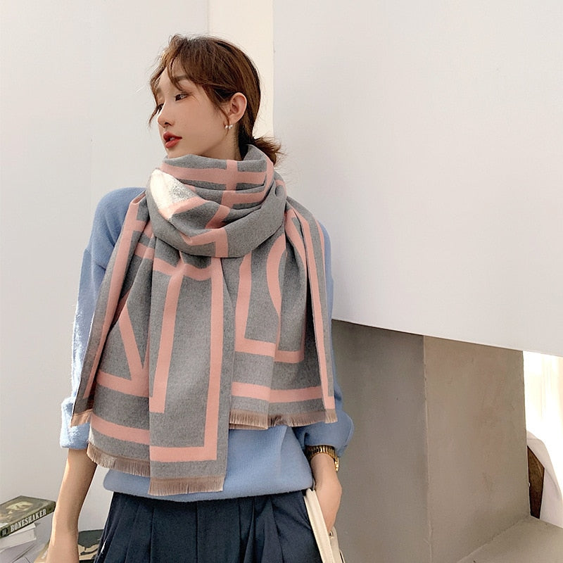 Bufanda de invierno de Cachemira para mujer, chales de Pashmina, bufandas gruesas con estampado de lujo, envolturas cálidas de marca para mujer, doble cara