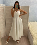 FMFSSOM 2022 Summer V-neck Sexy Open Back Red Dress Women Knee-length Bohemian Style  Solid Spaghetti Strap Party Clothing