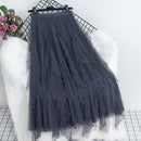 Qooth Women Beaded Petal Mid-length Ruffles Mesh Pleated Skirts Elegant High-waisted Fairy A-line Long Tulle Skirts QT1682