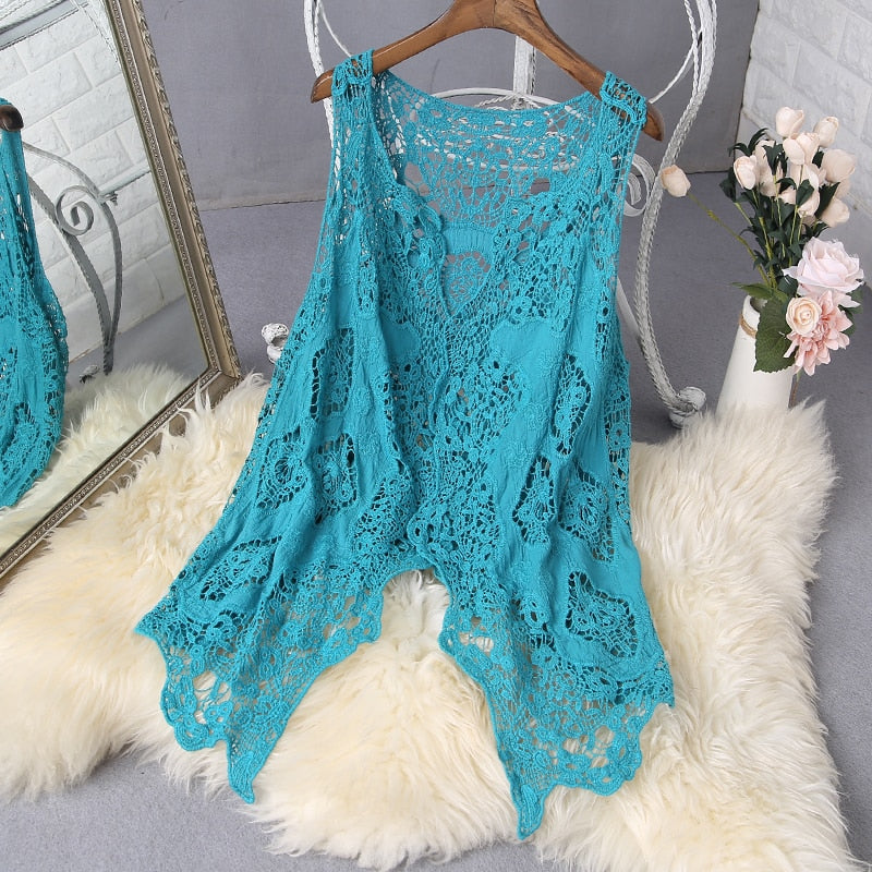 Hippie Froral parche diseño chaleco Retro Vintage Crochet verano playa cubrir Top asimétrico punto abierto Kimono cárdigan 2022