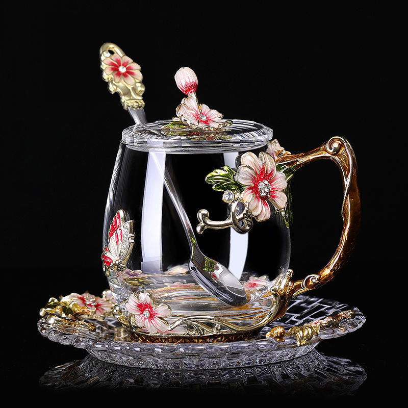 Schönheit und Neuheit Emaille Kaffeetasse Becher Blume Tee Glas Tassen für heiße und kalte Getränke Teetasse Löffel Set Perfektes Hochzeitsgeschenk