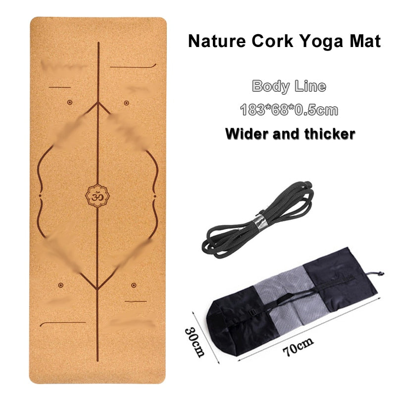 Jusenda 5 mm Naturkork TPE Yogamatte 183 * 61 cm Fitnessmatten Gym Pilates Pad Training Übung Sportmatte mit Position Körperlinie