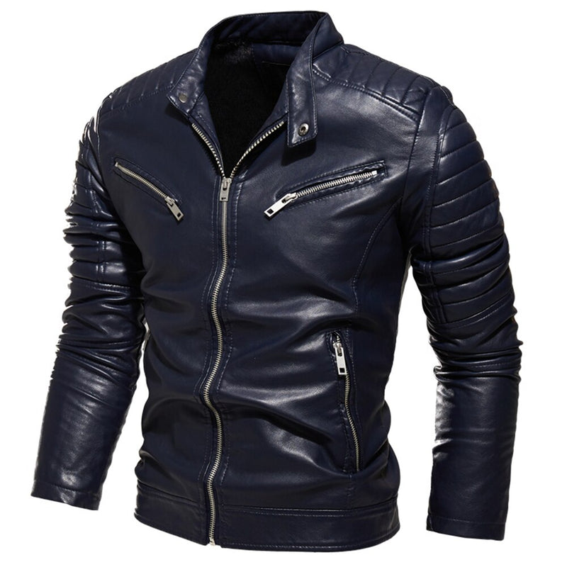 2022 Winter Schwarze Lederjacke Männer Pelz Gefüttert Warme Motorradjacke Schlank Street Fashion SCHWARZ Biker Mantel Plissee Design Reißverschluss