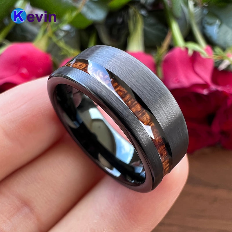 Classic Wood Ring Black Tungsten Wedding Band For Men And Women With Offset Groove Real Wood Inlay 8MM Comfort Fit