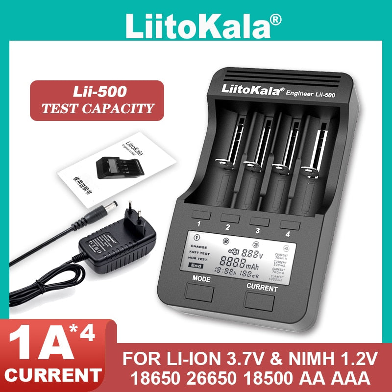 Liitokala Lii-500 LCD Battery Charger, Charging 18650 3.7V 18350 18500 16340 25500 10440 14500 26650 1.2V AA AAA NiMH Battery