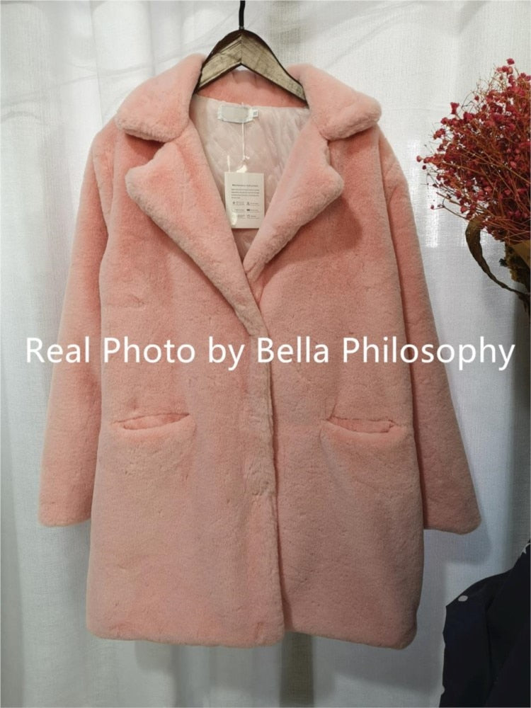 Bella Philosophy Damen Nerz Kunstpelz Mantel Solide Damen Umlegekragen Winter Warm Kunstpelz Dame Mantel Freizeitjacke