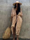 2022 Bikini Cover-ups Black Retro Striped Self Belted Women Summer Clothing Kimono Dress Beach Wear Swim Suit Cover Up Q1225