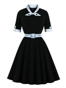 Tonval Green Contrast Bow Neck and Cuff Vintage Belted Dress Half Sleeve Autumn Women Fit and Flare Retro Swing Dresses
