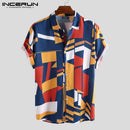 INCERUN Sommer Herren Strandhemd Geometrischer Druck Kurzarm Revers-Ausschnitt Knopf Freizeit Hawaii-Hemden Herren 2023 Streetwear S-5XL