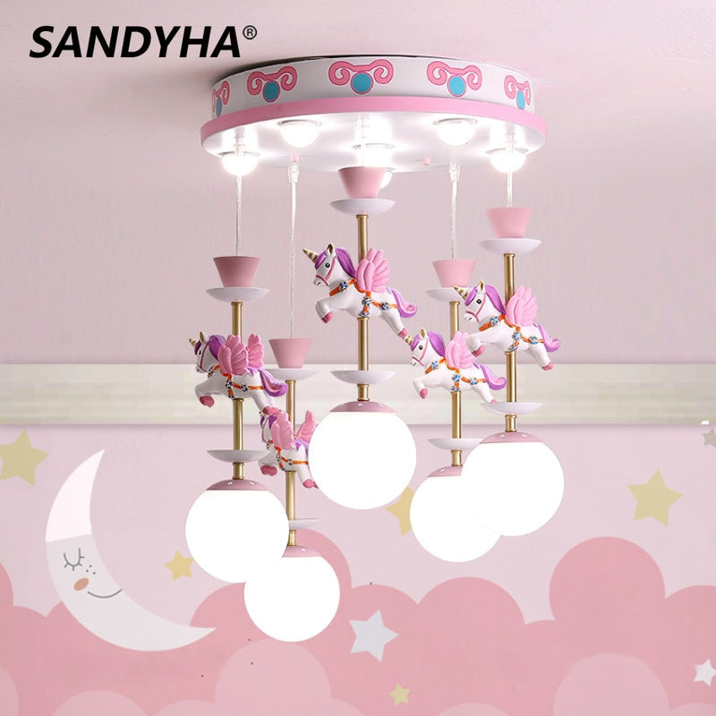 SANDYHA Nordic Simple Chandelier Boys Girls Bedroom Dreamlike Unicorn Hanging Lamp Creative LED Children&