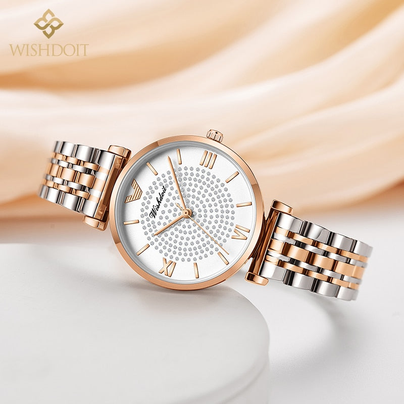 WISHDOIT 2022 New Casual Fashion Ladies Watch Stainless Steel Strap Quartz Watch Diamond Ladies Hand Watch Relógio feminino