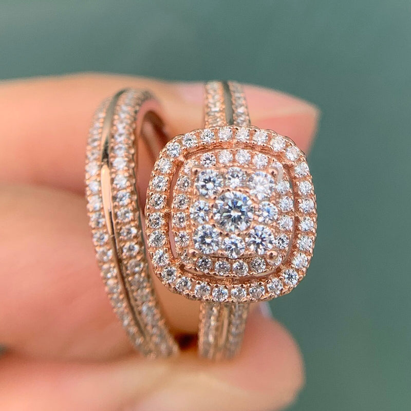 Newshe Double Halo Rose Gold 925 Silver Engagement Ring Bridal Set for Women AAAAA Cubic Zircon Romantic Wedding Jewelry