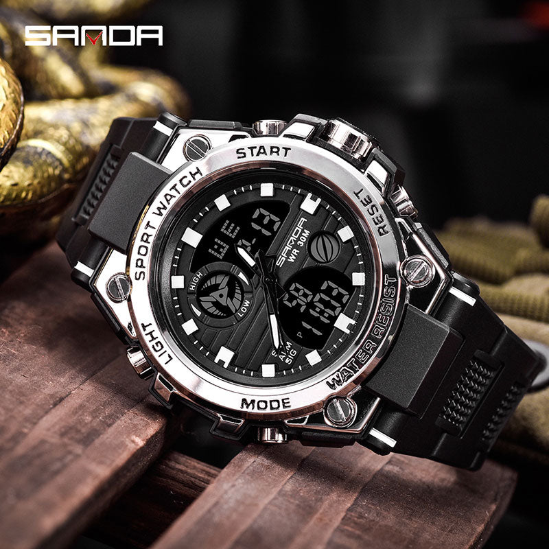 Reloj de pulsera de marca SANDA, relojes para hombre, reloj de pulsera de estilo deportivo militar, reloj de pulsera de doble pantalla para hombre, reloj resistente al agua, horas