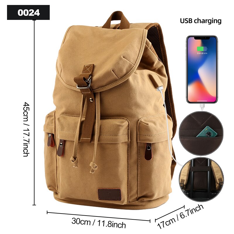TANGHAO Canvas Backpack Unisex Vintage Casual Rucksack 17inch Laptop Backpack W/ USB Charging Port Schoolbag Student Mochia