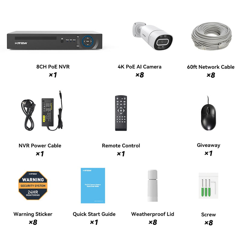 H.View 8Ch 5Mp 8Mp 4K Cctv Sistemas de cámaras de seguridad Kit de videovigilancia para el hogar Ai Audio Cámara IP para exteriores Poe xmeye app Nvr