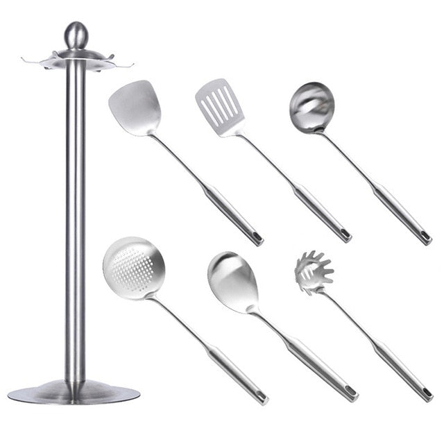 2-7PCS Stainless Steel Cookware Set Kitchen Turner Soup Spoon Pasta Server Strainer Cooking Tools Utensils Kitchenware