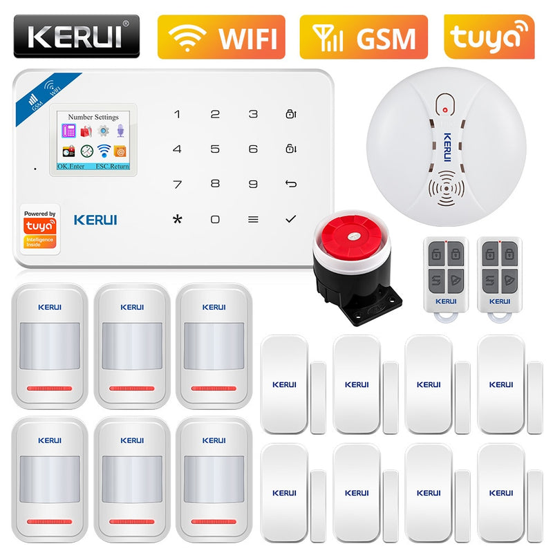 KERUI W181 WIFI GSM seguridad del hogar Tuya sistema de alarma inteligente APP Control Sensor de puerta inalámbrico PIR Detector de movimiento Kit de alarma antirrobo