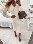 DICLOUD Beige Sweater Dress Women New Autumn Elastic Long Sleeve V Neck Elegant Hollow Midi Party Dresses Knitted Fashion 2022