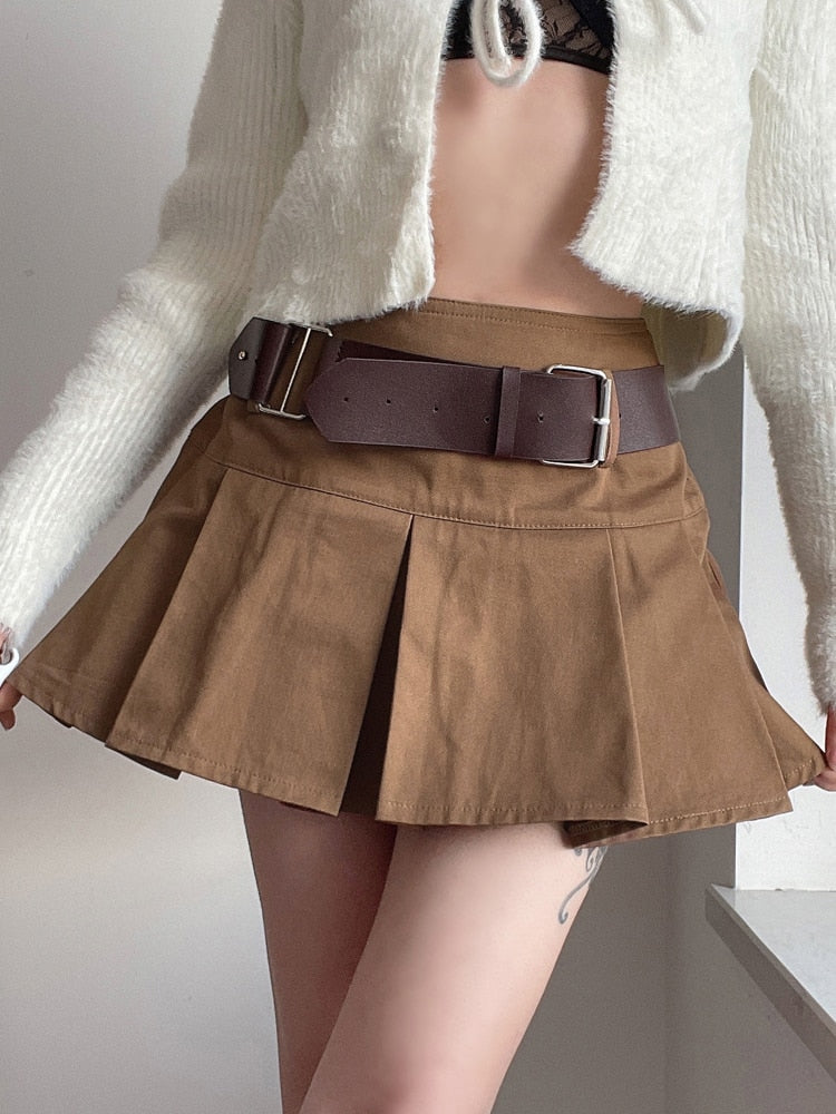 HEYounGIRL Casual Brown Pleated Mini Skirt Ladies High Waisted Short Skirts Womens with Belt Korean Fashion 90s Summer Street
