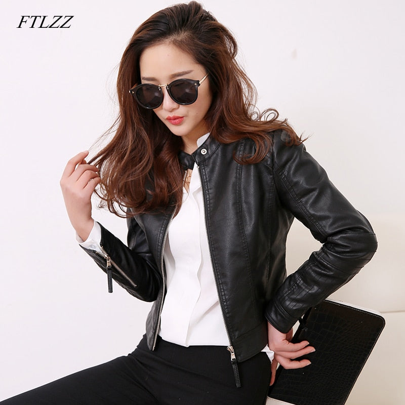 FTLZZ, chaqueta de cuero PU con cuello redondo de estilo europeo, nueva moda, prendas de vestir de cuero para motocicleta, abrigo de motorista ajustado para mujer, ropa de calle básica