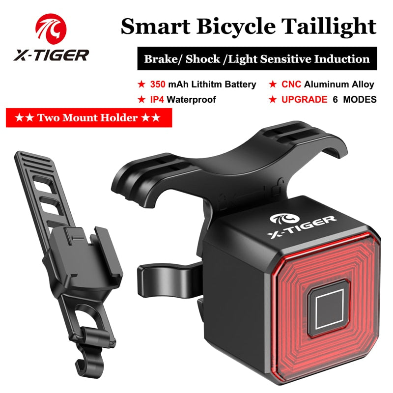 X-Tiger Bike Rear Light IPx6 Waterproof LED Charging Bicycle Smart Auto Brake Sensing Light Accessories Bike Taillight Light