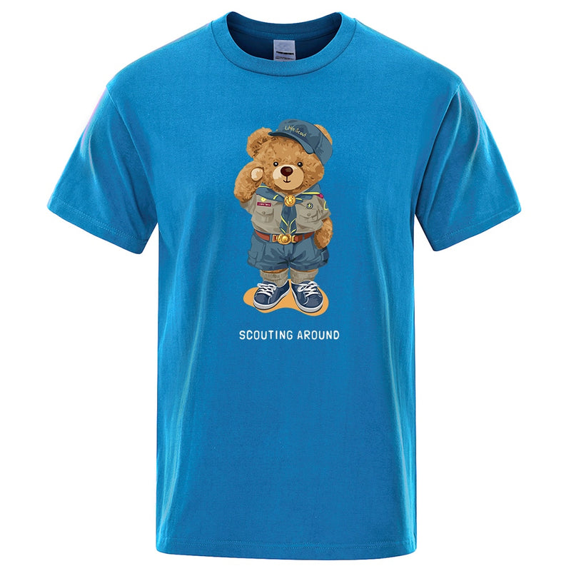 Cute Teddy Bear Salute Scoring Around Prints T Shirt Men Brand Tees Short Sleeve Retro Adult T-Shirt Summer Hip Hop T-Shirt