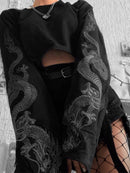 InsGoth Black Crop Top Hoodie Women Sweatshirt Gothic Punk Grunge Dragon Printed Harajuku Loose Sweatshirt Pullover Female Top