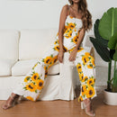 New Sunflower Printed Strap Jumpsuit Women High Waist Strampler Boho Yellow Spaghetti Strap Wide Leg Pants Summer Jumpsuits Ladies