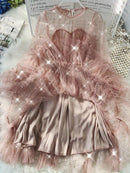 2022 nueva mujer cuello redondo estrellas lentejuelas malla brillante Hada vestido mujer elegante gasa ostentosa princesa Puff Vestidos De Fiesta