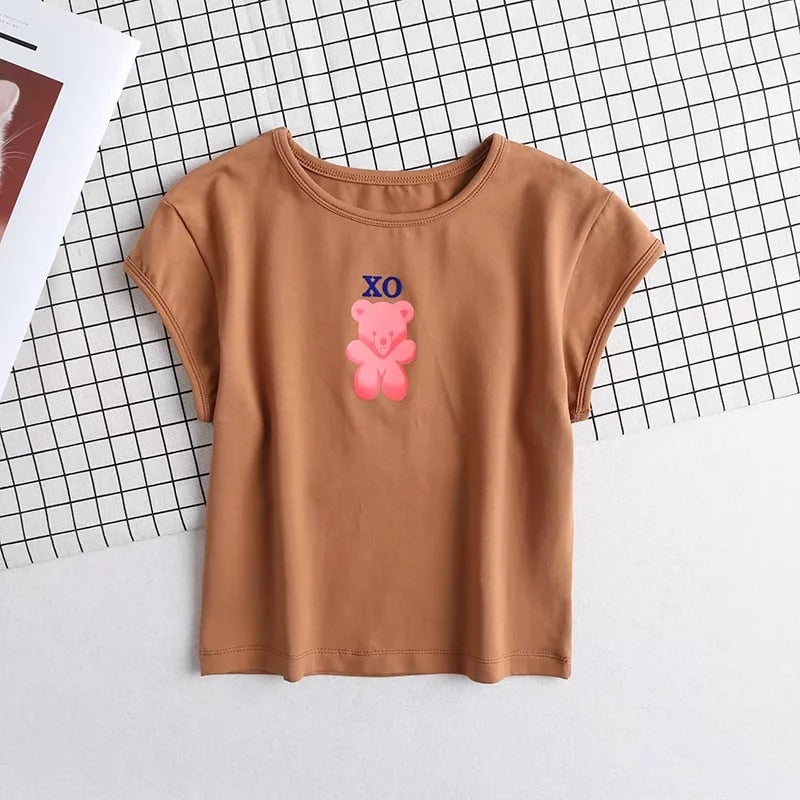 Women Bear Print Crop Tee Short Sleeve Slim Fit T-shirt