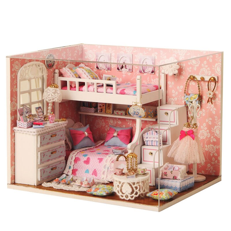 Cutebee DIYHouse Miniature with Furniture LED Music Dust Cover Model Building Blocks Toys for Children Casa De Boneca