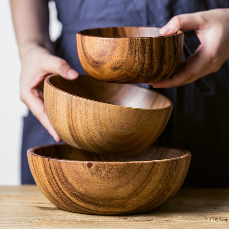 Cuenco de madera de Acacia Natural, cuenco para sopa y ensalada, cuenco grande y pequeño de madera, cuenco para servir comida, recipiente, utensilios de cocina de madera, vajilla, 1 ud.