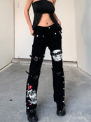 InsGoth Y2K Punk Skull Print Negro Hebilla Pantalones Harajuku Cintura alta Pantalones con bolsillos grandes Goth Mall Grunge Cargo Pantalones Techwear