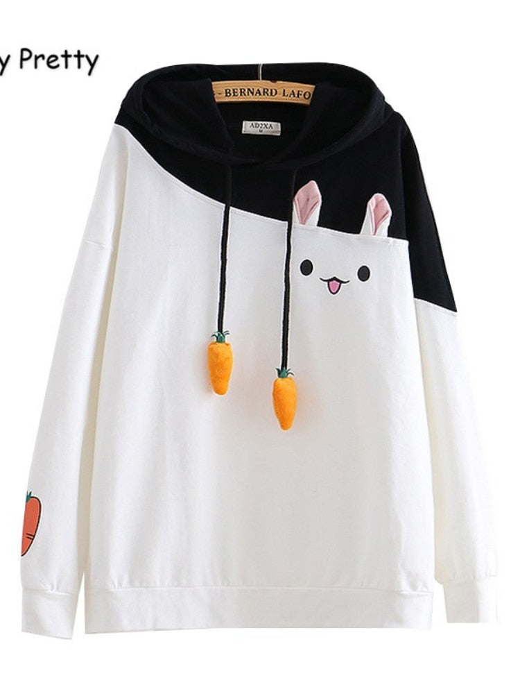 Sudaderas con capucha Merry Pretty para mujer, suéter encantador de animales, sudadera de conejo Kawaii, prendas de vestir exteriores con gráfico de conejito bonito, Sudadera con capucha rosa y negra para niñas