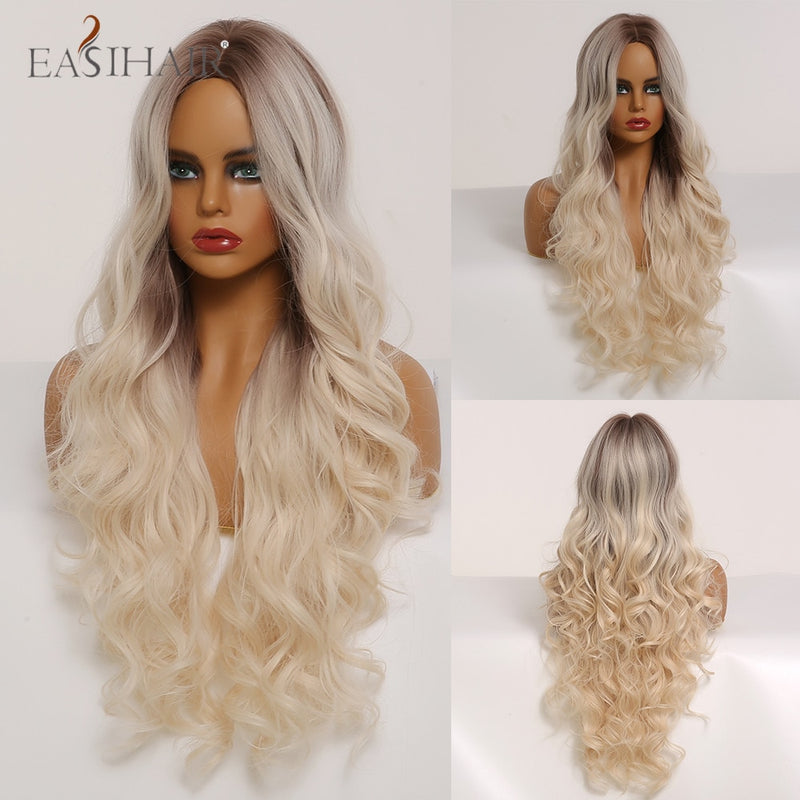 EASIHAIR Lange hellblonde Perücken im Ombré-Stil mit natürlichen Wellen, hitzebeständig, synthetische Perücken, Mittelteil, Cosplay-Perücken für Frauen