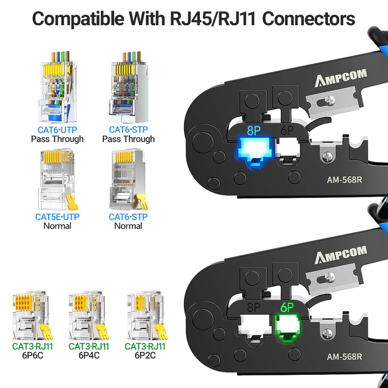 AMPCOM rj45 crimpadora RJ11 RJ45 herramienta de crimpado Ethernet red LAN Cable crimpadora cortador pelacables para 6P 8P RJ-11/RJ-12 RJ-45