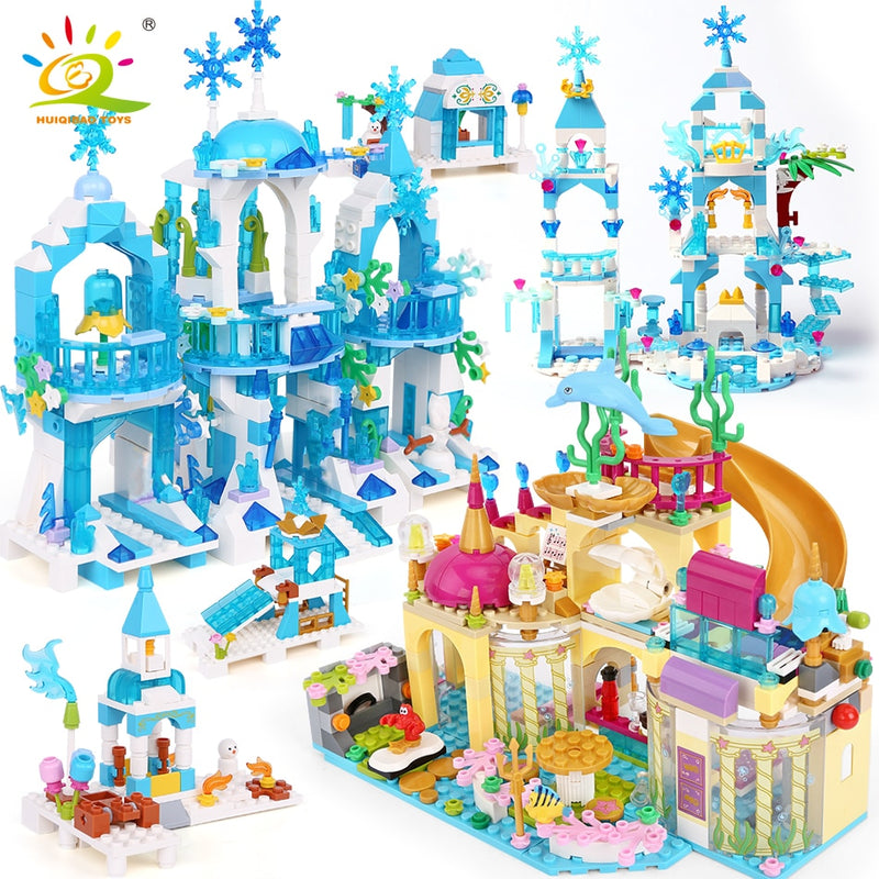 HUIQIBAO Friends Ice Castle Princess Queen Building Blocks Modular Bricks Set for Girls House Palace Children Construction Toys