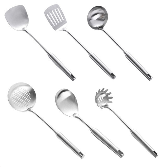 2-7PCS Stainless Steel Cookware Set Kitchen Turner Soup Spoon Pasta Server Strainer Cooking Tools Utensils Kitchenware