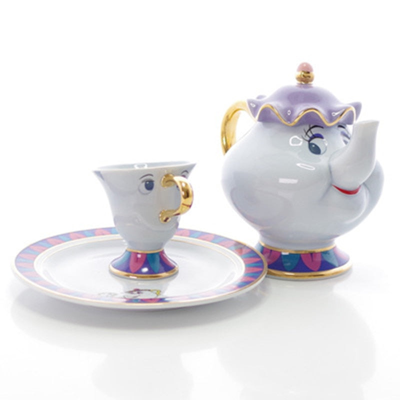 ¡Promoción! Juego de té de La Bella y La Bestia de dibujos animados, tetera Mrs Potts, taza con Chip, azucarero, olla Cogsworth, café, cumpleaños, regalo de Navidad