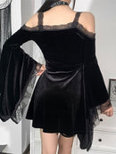 InsGoth Goth Sexy Flare Sleeve Black Dress Y2K Harajuku High Waist A Line Mini Dresses Off Shoulder Punk Halloween Autumn Dress