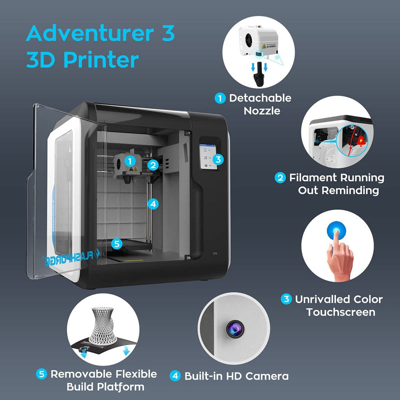 Impresora 3D Flashforge Adventurer 3 Kit de bricolaje Nivelación automática WIFI Fuera de la caja Cámara incorporada Nivelación automática Impresión en la nube 3D