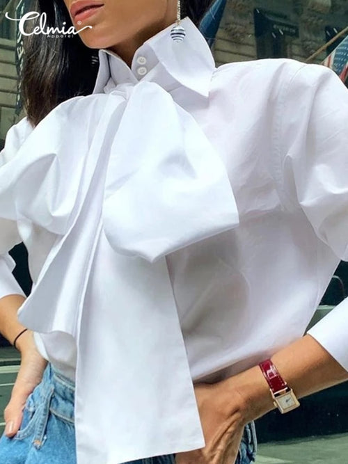 Celmia Elegant White Shirts 2022 Fashion Women Bow Tie Long Sleeve Tops Casual Party Blouse Summer Tunic Solid Blusas Femininas