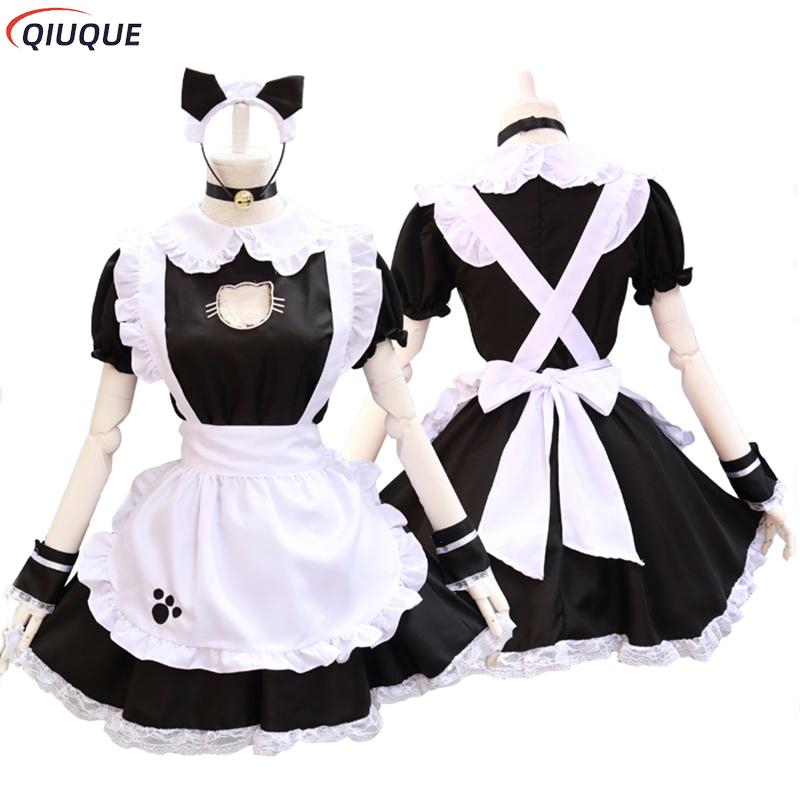 Vestidos negros de Lolita, traje de sirvienta, disfraz de gato bonito, traje de mujer, delantal, vestido, disfraces de Halloween