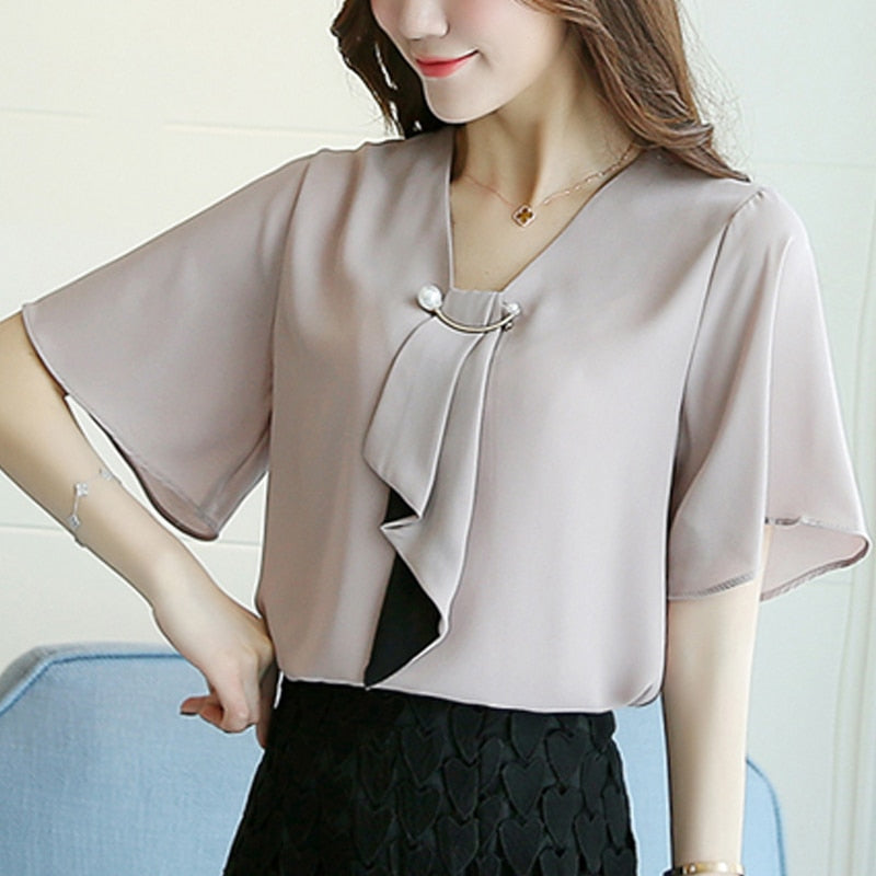 New Spring Fashion Chiffon Women Shirt Blouse Short Sleeve Plus Size Women&#39;s Clothing Loose Bow Neck Women&#39;s Tops Blusas D560 50