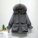 Fitaylor Winterjacke Damen Große Natürliche Fuchspelz Weiße Ente Daunenmantel Dicke Parkas Warme Schärpe Zum Binden Mit Reißverschluss Unten Schnee Oberbekleidung